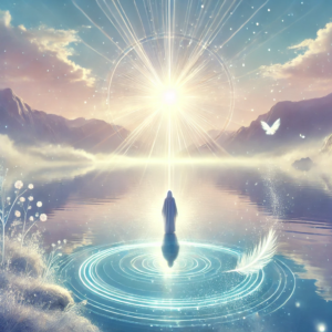 DALL·E 2024-10-25 16.55.28 - A serene, spiritual landscape depicting a person standing at the edge of a crystal-clear lake surrounded by a gentle mist and rays of light from a ris