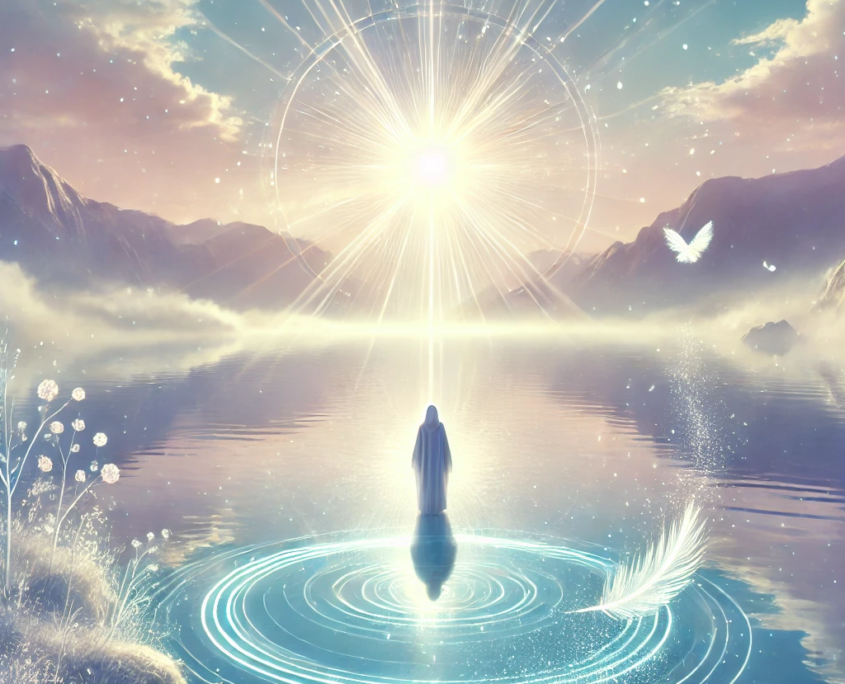 DALL·E 2024-10-25 16.55.28 - A serene, spiritual landscape depicting a person standing at the edge of a crystal-clear lake surrounded by a gentle mist and rays of light from a ris